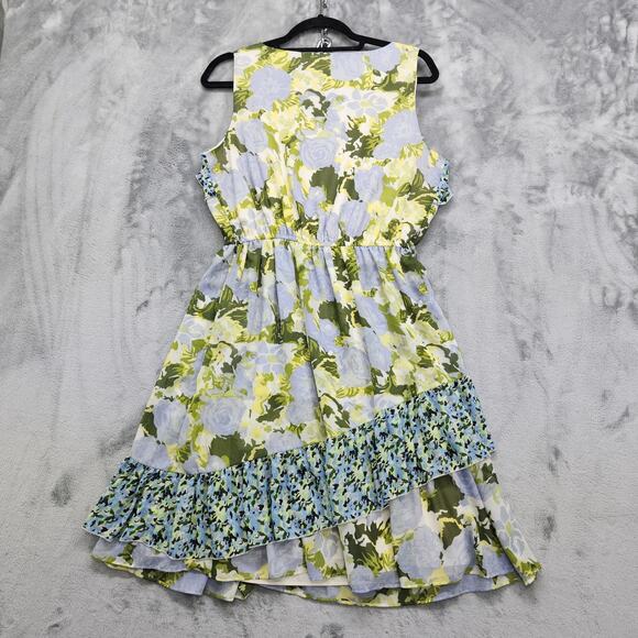 GIANNI BINI Dress Size‎ L Blue Green Misty Floral Sleeveless Ruffled Dress Party - Picture 2 of 9